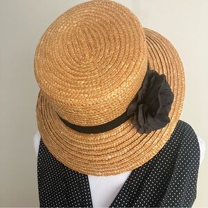 Classic Tan Straw Hat with Black Flower Accent